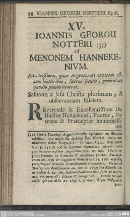 XV. Ioannis Georgii Notteri ad Menonem Hannekenium