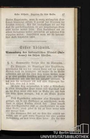 Erster Abschnitt. Anwendung der hydraulischen Mörtel (bétons) im süßen Wasser.