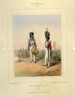 Uniformdarstellung, Tambour des Schweizer Regiments und Offizier des Grenadier-Regiments der Königlichen Garde, Königreich Frankreich, 1815/1830. Tafel Nr. 118 aus: Galerie Militaire.