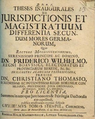 Theses inaugurales de iurisdictionis et magistratuum differentia secundum mores Germanorum