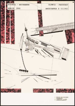 »Olympisches Fest«, Berlin-Mitte Schinkelwettbewerb 1992: Ansicht, Isometrie 1:2500, schematischer Plan