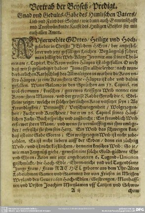 Leichenpredigt : Vortrab der Beysetz-Predigt. Text. Vorrede. Außlegung.