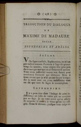 Traduction Du Dialogue De Maxime De Madaure Entre Sophronime Et Adélos.