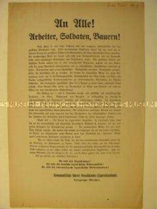 Flugblatt mit einem Aufruf der KPD München zur Weiterführung der Revolution mit scharfer Polemik gegen die Ebert-Scheidemann-Regierung