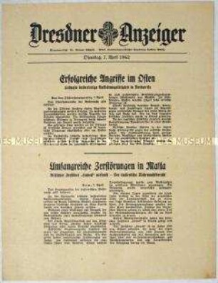 Nachrichtenblatt "Dresdner Anzeiger" mit Meldungen des OKW und des italienischen Hauptquartiers von verschiedenen Fronten