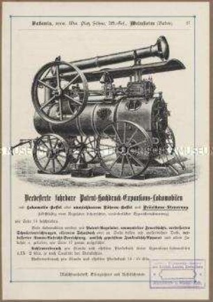 Fahrbare Verbund-(Compound)-Lokomobilen / Stationäre Patent-Expansions-Lokomobilen / Brennerei- und landwirtschaftliche Maschinen-Anlage / Ziegelei-Anlage mit Lokomobil-Betrieb / Elektrische Beleuchtungs-Anlage mit Compound-Lokomobil-Betrieb / Pumpwerk-Anlage