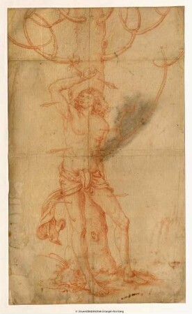 Der Heilige Sebastian, von vorn, Beine nach rechts, mit seiner erhobenen Rechten an einen hohen kahlen Baum gefesselt, mit flatterndem Hüfttuch