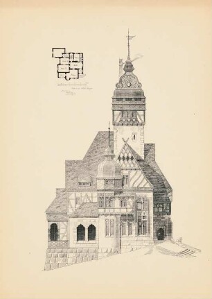 Villa: Vorderansicht, Grundriss (aus: Drucke von Seminararbeiten der Königlich Technischen Hochschule Berlin, Bd. III)