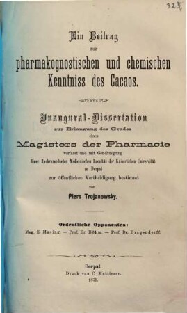 Ein Beitrag zur pharmakognostischen und chemischen Kenntniss des Cacaos