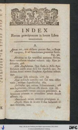 InSectio dex Rerum praecipuarum in hocce Libro occurrentium.