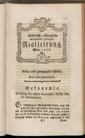 Neun und zwanzigstes Stück; Den 16ten Heumonat. Wien, 1776.