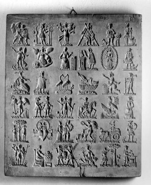 Lebkuchenmodel mit 36 Figuren aus Religion, Mythologie und Arbeitsleben
