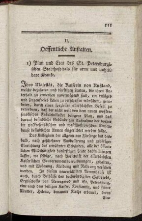 1) Plan und Etat des St. Petersburgischen Stadthospitals für arme und unheilbare Kranke.