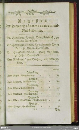 Register der Herren Pränumeranten und Subscribenten