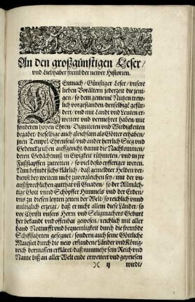An den großgünstigen Leser, und Liebhaber frembder newer Historien