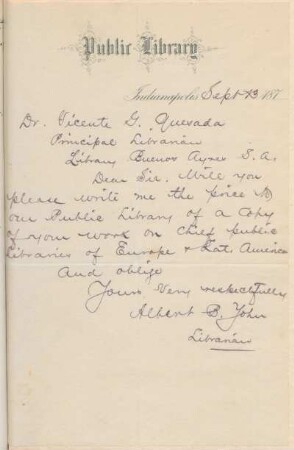 [Carta de agradecimiento de Albert B. John a Vicente Quesada en inglés, Indianapolis, 13 de septiembre de 187X] : Biblioteca Pública de Indianápolis-Condado de Marion