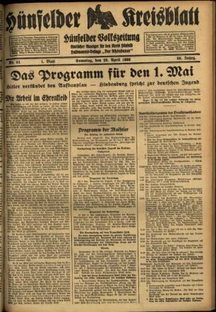 Erste Ausgabe vom Samstag, den 29. April 1933.