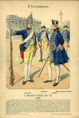 Uniformdarstellung, Grenadier, Musketier, Offizier und Musketier-Unteroffizier des 1. Bataillons Garde (Nr. 15), Königreich Preußen, 1786.