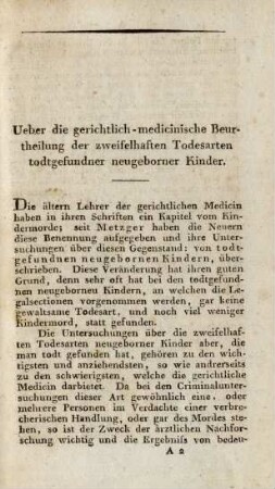 Ueber die gerichtlich-medicinische Beurtheilung der zweifelhaften Todesarten todtgefundner neugeborner Kinder