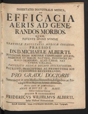Dissertatio Inavgvralis Medica, De Efficacia Aeris Ad Generandos Morbos