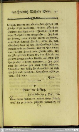 24. Gleim an Lessing. Halberstadt, den 9. Febr. 1759