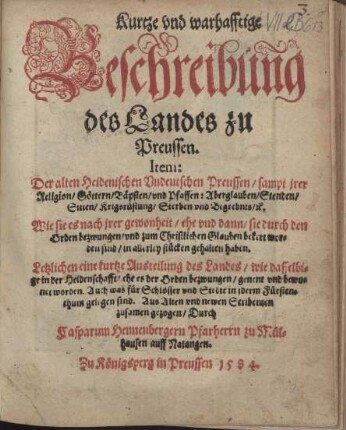 Kurtze und warhafftige Beschreibung des Landes zu Preussen