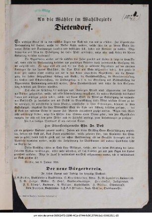 An die Wähler im Wahlbezirke Dietendorf : Ein wichtiger Beruf ist in den nächsten Tagen von Euch wie von uns zu erfüllen ... ; Gotha, den 8. Januar 1850
