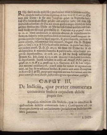 Caput III. De Indiciis, quæ præter enumerata communia Indicia eujusdam delicti propria sint.