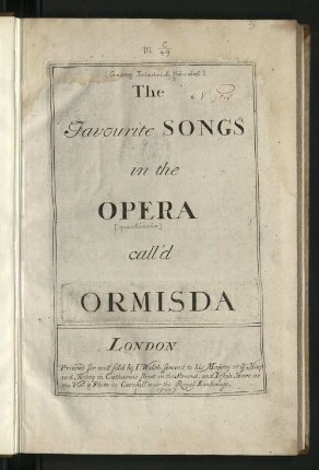 The favourite songs in the opera [pasticcio] call'd Ormisda