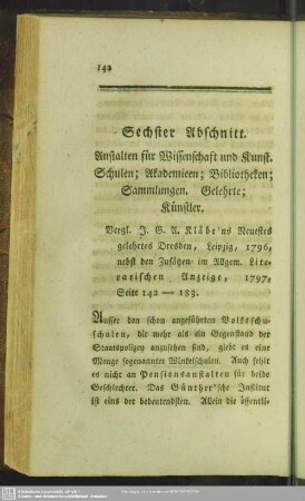 Sechster [i.e. Fünfter] Abschnitt. Anstalten für Wissenschaft und Kunst. Schulen; Akademieen; Bibliotheken; Sammlungen. Gelehrte; Künstler