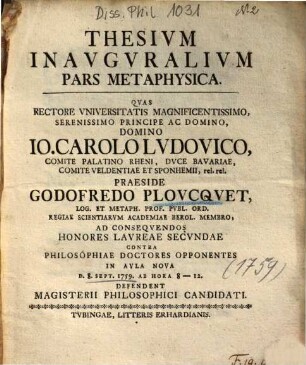 Thesivm Inavgvralivm Pars Metaphysica