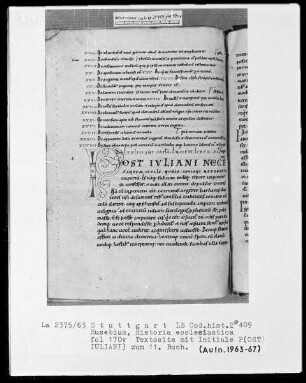 Eusebius, Historia ecclesiastica — Initiale P(OST IULIANI), Folio 170verso