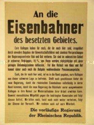 Aufruf rheinischer Separatisten an die Eisenbahner der besetzten Gebiete zur Beendigung des Streiks