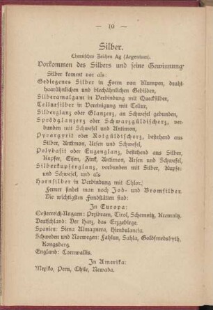 Silber. Chemisches Zeichen Ag (Argentum).
