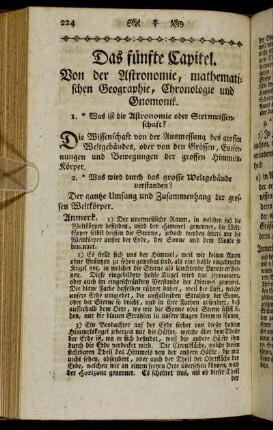 Das fünfte Capitel. Von der Astronomie, mathematischen Geographie, Chronologie und Gnomonik.