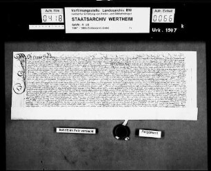 Hans Schliderer von Lachen bekennt, dass ihm Graf Ludwig zu Löwenstein (Lewenstein) und Wertheim, Herr zu Scharfeneck (Scharpfeneck) und Bamberg, benannte Lehen zu Walsheim bei Landau und zu Lachen verliehen hat. Inseriert ist der Lehensbrief vom gleichen Tag.