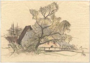 Gsaenger, Gustav; Landschafts - und Gebäudestudien - Häusergruppe (Studie)