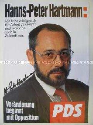 Maueranschlag der PDS zur Wahl des Berliner Abgeordnetenhauses 1995 mit Unterschrift des abgebildeten Kandidaten Hanns-Peter Hartmann