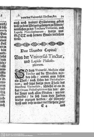 Das Neundte Capitul, Von der Universal-Tinctur, und Lapide Philosophorum.