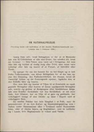 Om Nationalfølelse (Foredrag holdt ved Indvielsen af det danske Studentersamfunds nye Lokaler den 1. Februar 1894.)
