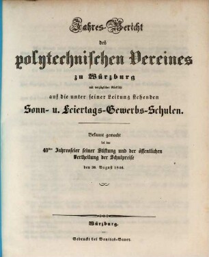 Jahres-Bericht des Polytechnischen Vereins zu Würzburg über den Stand seines Schulwesens : im Jahre .., 1846