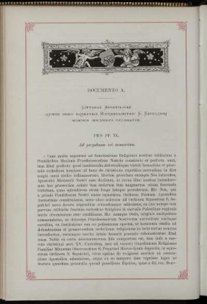 Documento A.: Litterae apostolicae quibus ordo equestris hierosolimitani S. Sepultiri honoris insignibus decoratur