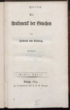 Theil 1: Die Arithmetik der Griechen. Erster Theil