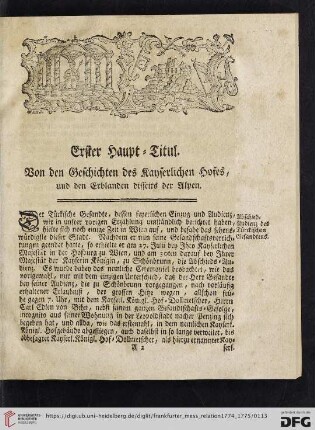 Erster Haupt-Titul. Von den Geschichten des kayserlichen Hofes, und den Erblanden disseits der Alpen