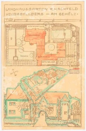 Villengarten R. Hachfeld, Potsdam-Babelsberg: Grundriss 1:200, perspektivische Ansicht (Vogelschau), Ansicht