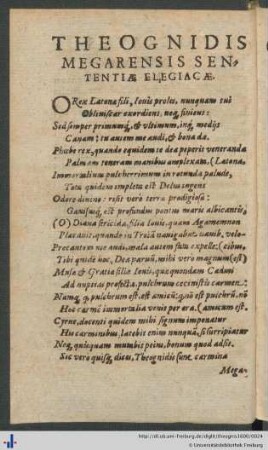 Theognidis Megarensis Sententiæ Elegiacæ.