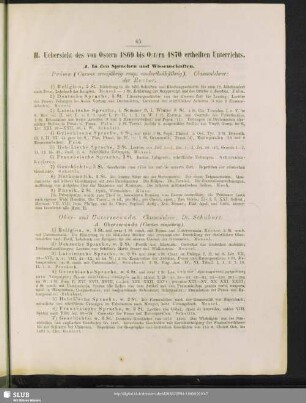 II. Uebersicht des von Ostern 1869 bis Ostern 1870 ertheilten Unterrichts