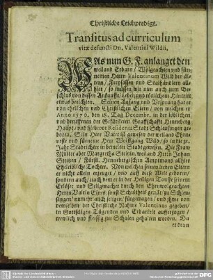 Lebenslauf : Transitus ad curriculum vitae defuncti Dn. Valentini Wildii