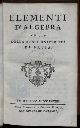 Elementi d'Algebra ad uso della Regia Università di Pavia
