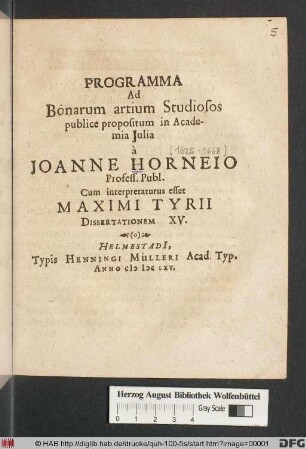Programma Ad Bonarum artium Studiosos : Cum interpretaturus esset Maximi Tyrii Dissertationem XV.